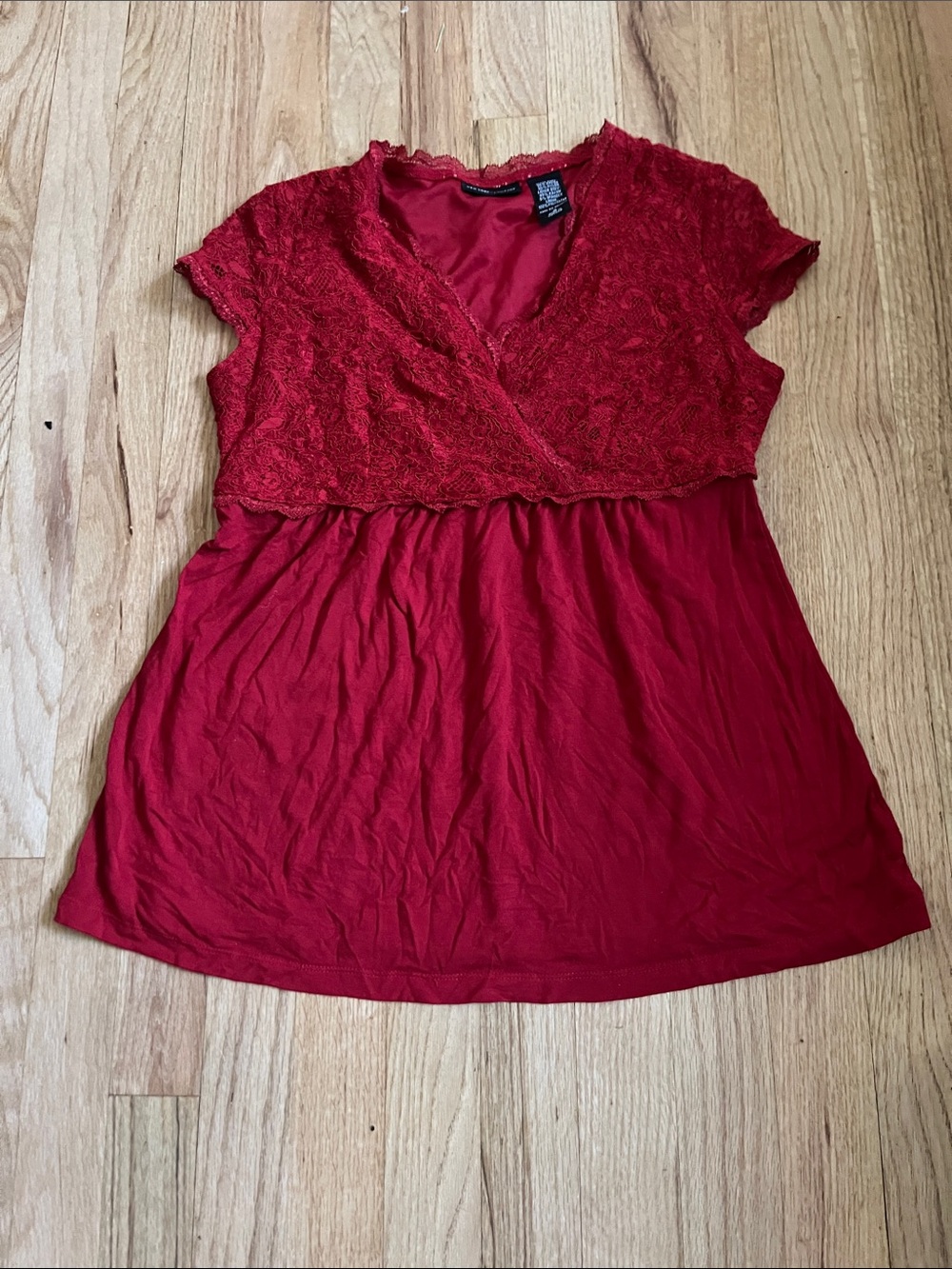 New York & Company Red Lace-Detail V-Neck Tunic